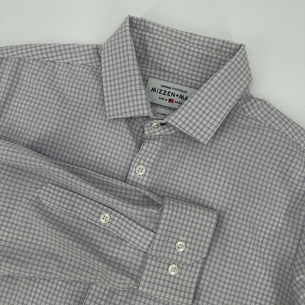 Mizzen+Main Leeward Trim Fit Dress Shirt Men XL Purple White Micro Check Stretch